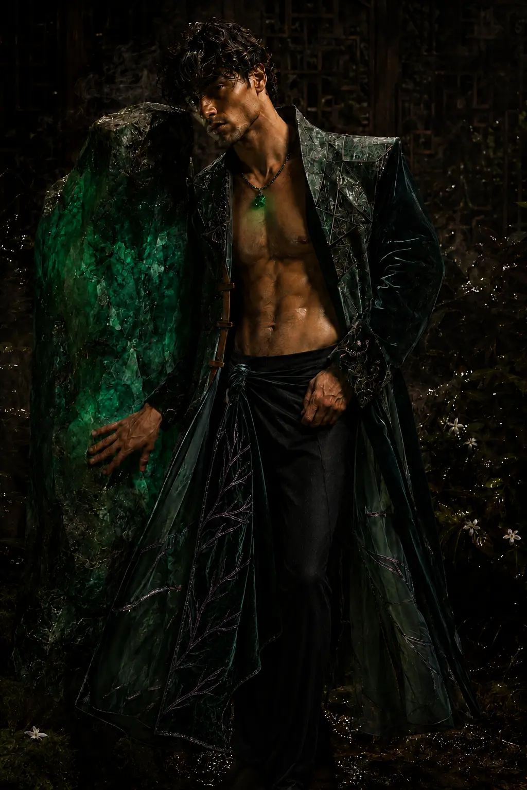 A bare-chested man in sculptural black-green couture with an embroidered velvet hip drape, beside a jade monolith and wearing a softly glowing jade pendant