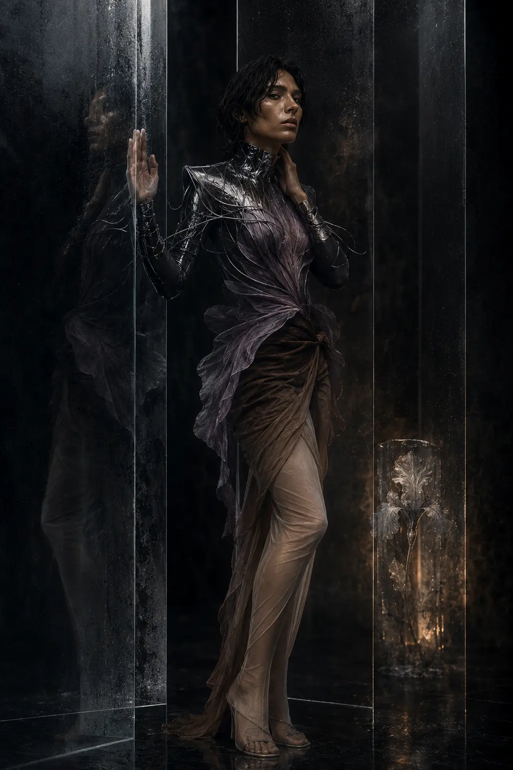 Smoky architectural glass, silver mineral light, pale iris haze, and restrained warmth